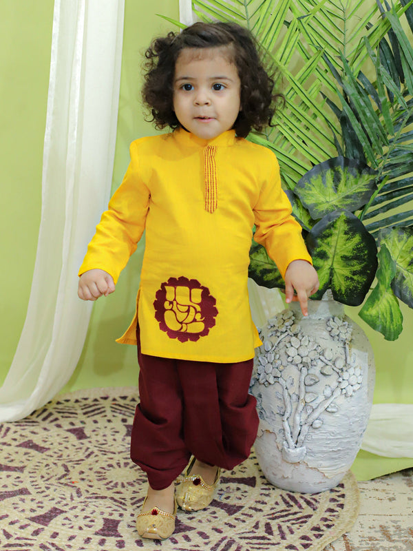 Boys Ethnic Festive Wear Ganesh Embroidery Cotton Dhoti Kurta for Boys- Yellow | WOMENSFASHIONFUN.