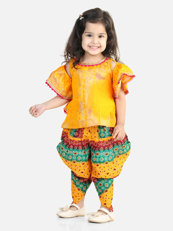 100% cotton bandhani top dhoti indo western ethnic set for Girls - Yellow | WOMENSFASHIONFUN.