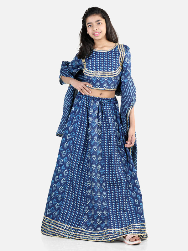 Pure Cotton Printed Lehenga Choli Dupatta Set for Girls- Blue | WOMENSFASHIONFUN.