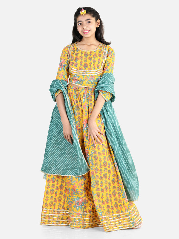 Pure Cotton Printed Lehenga Choli Dupatta Set for Girls- Yellow | WOMENSFASHIONFUN.