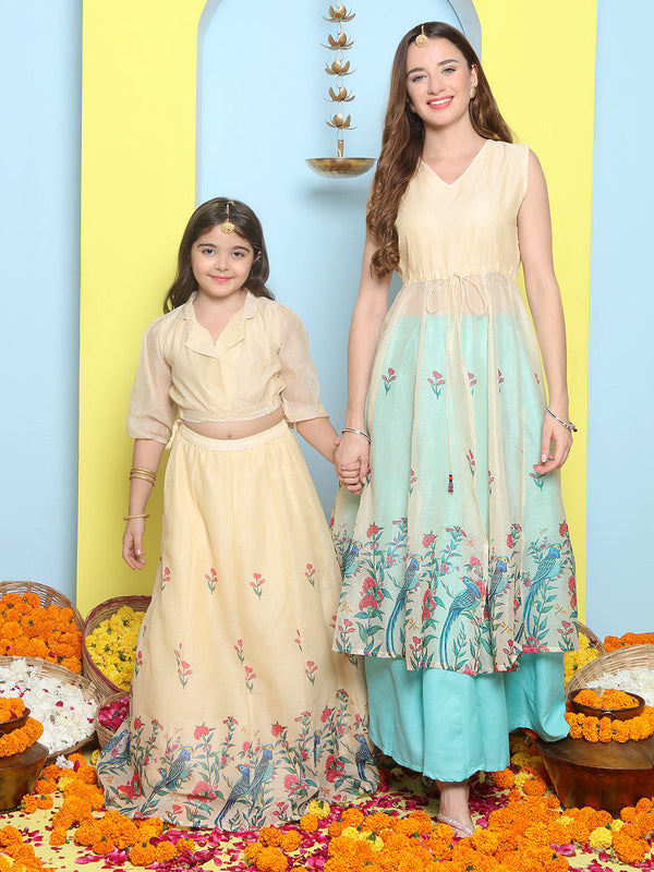 Cream Anarakali Digital Printed Kurta with Skirt Set For Women & Lehenga Crop Top Set For Girls | WomensFashionFun