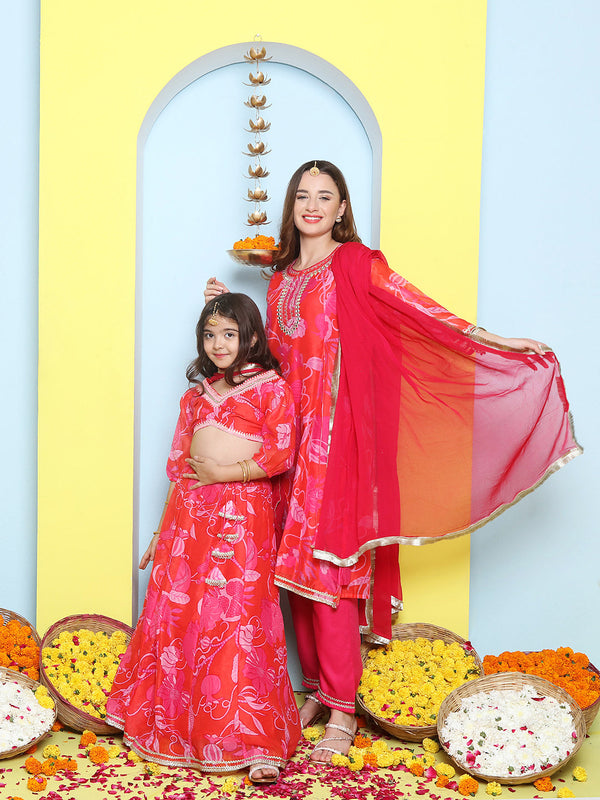Pink Multi Printed A-Line Kurta Set For Women & Lehenga Choli Set For Girls | WomensfashionFun.com