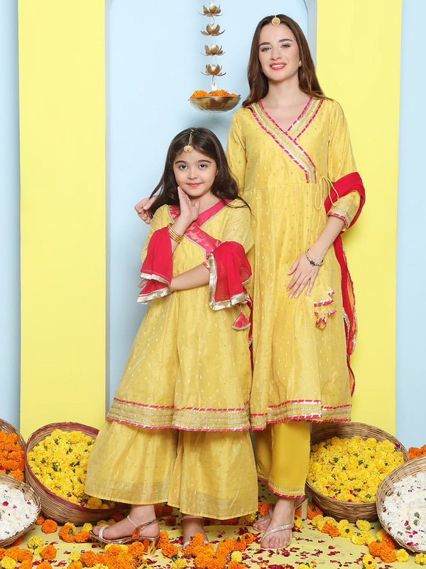 Yellow Modal Booti Angrakha Kurta set For Women & Angrakha Kurta Sharara Set For Girl | WomensfashionFun.com