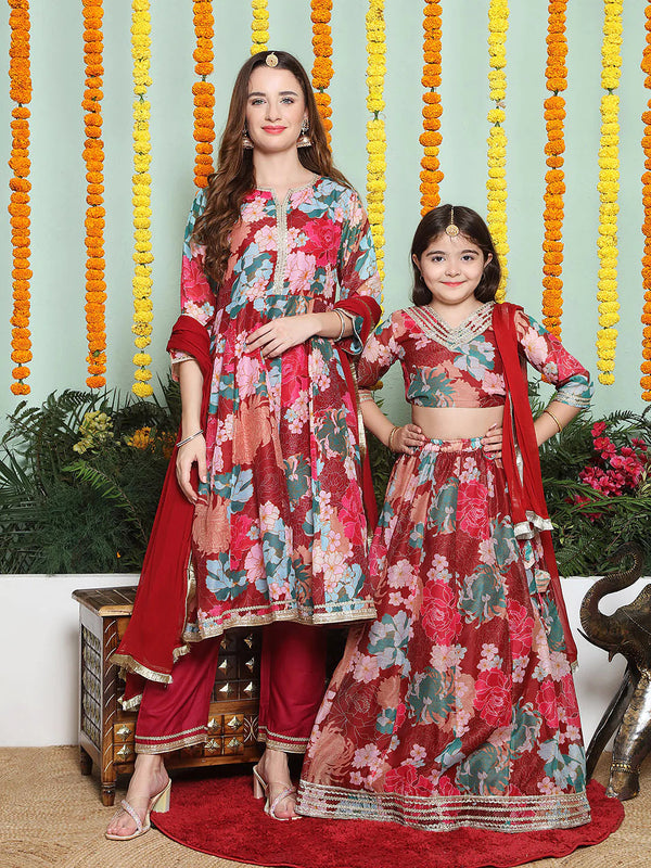 Maroon Multi color Printed Anarkali Kurta set For Women & Lehenga Choli set For Girl | WomensfashionFun.com