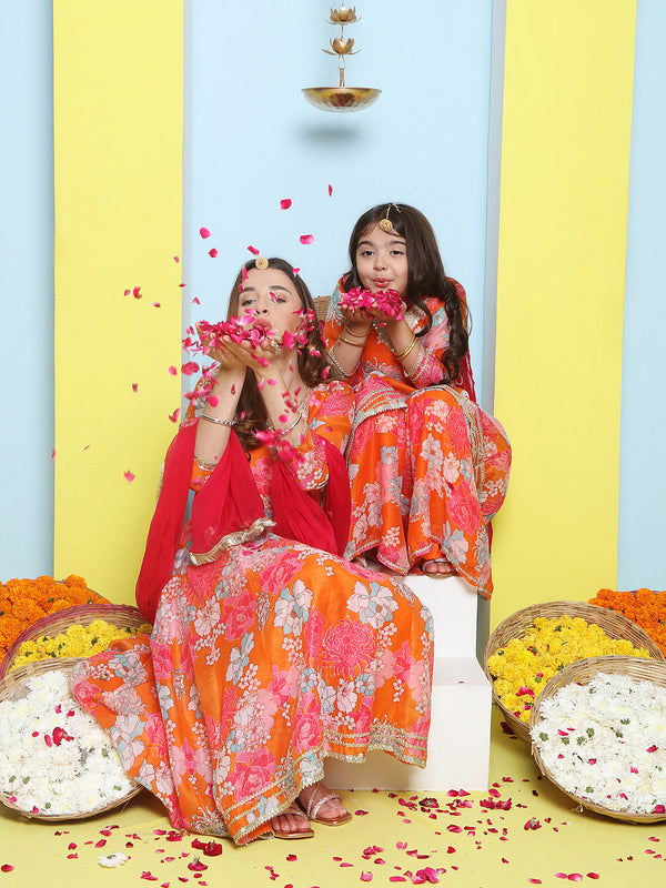 Orange Multi Printed Angrakha Kurta Set For Women & Angrakha Sharara Set For Girls | WomensfashionFun.com