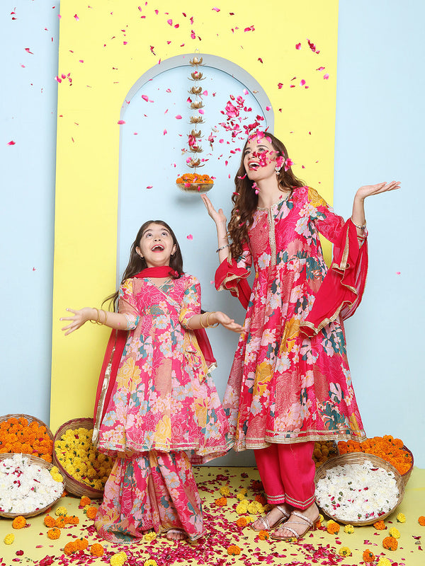 Pink Multi Printed Anarkali Kurta Set For Women & Angrakha Sharara Set For Girls | WomensFashionFun