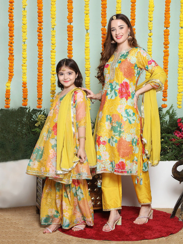 Yellow Multi Printed A- LINE Kurta Set For Women & Angrakha Anarkali Kurta Set For Girl | WomensfashionFun.com