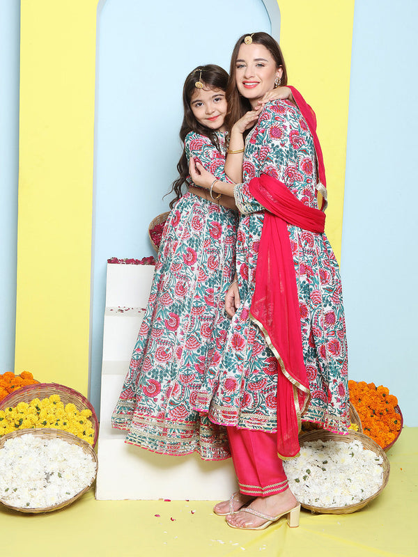 Off White Multi Printed Anarakali Kurta Set For Women & Lehenga Choli Set For Girl | WomensfashionFun.com