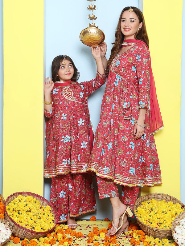 Pink Cotton Printed Anarkali set For Women & Anarkali Sharara Kurta Set For Girl | WomensfashionFun.com