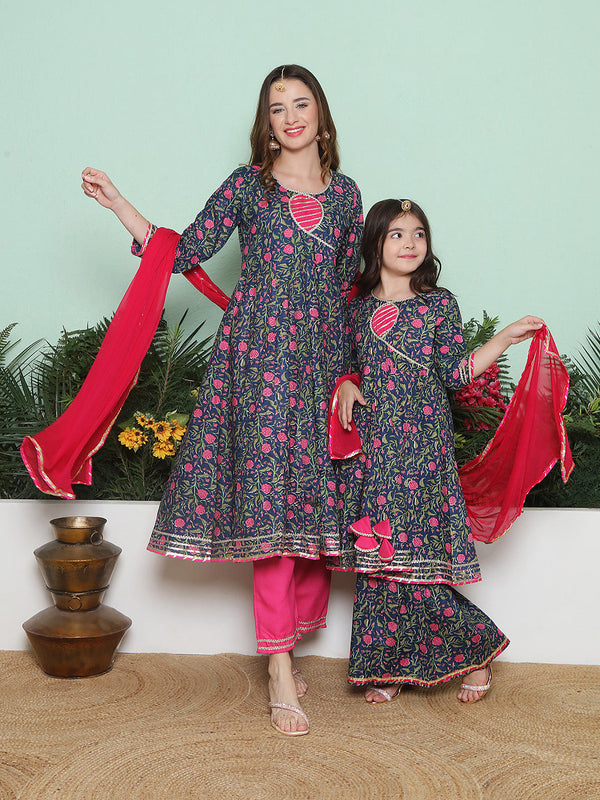 Navy Pink Cotton Printed Anarkali set For Women & Anarkali Sharara Kurta Set For Girl | WomensfashionFun.com