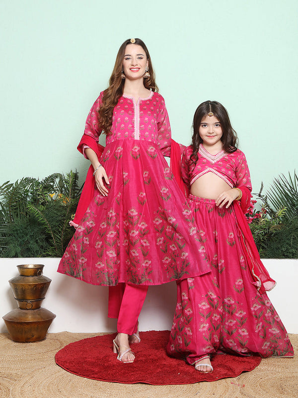 Pink Digital Printed Anarkali Kurta Set For Women & Lehenga Choli Set For Girl | WomensfashionFun.com