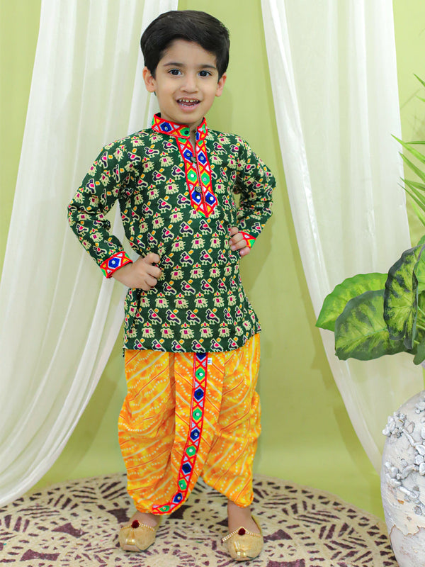 Ethnic Festive Wear Printed Cotton Kurta with Dhoti for Boys- Green | WOMENSFASHIONFUN.