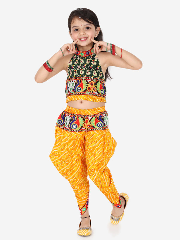 Girls Ethnic Navratri Indo-western Wear Cotton Choli Top with elastic dhoti - Yellow | WOMENSFASHIONFUN.
