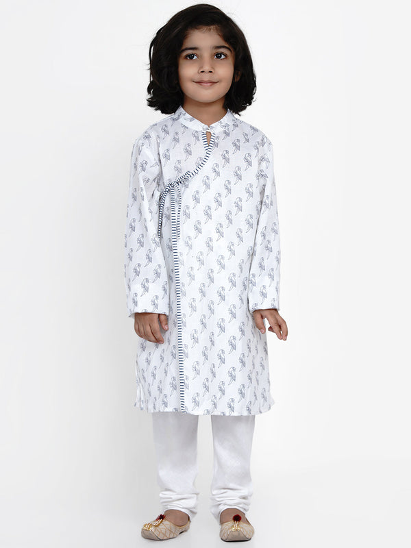 Boys White Printed Angrakha Kurta with Pyjamas | womensfashionfun