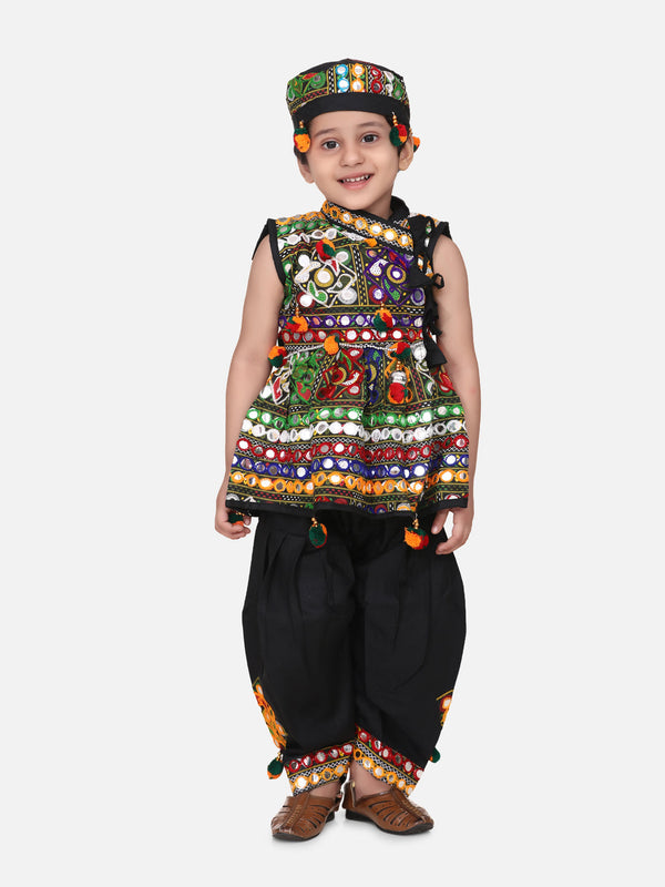 Navratri Embroidered kediya with Dhoti and Cap for Boys- Black | WOMENSFASHIONFUN.