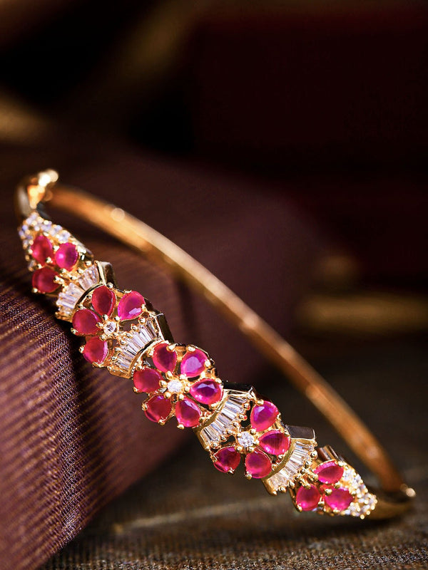 American Diamond and Ruby Stones Studded Floral Patterned Bracelet in Magenta Color | WOMENSFASHIONFUN