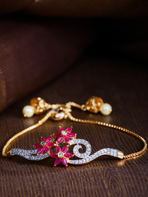 American Diamond and Ruby Studded Floral Patterned Link Bracelet in Magenta Color | WOMENSFASHIONFUN