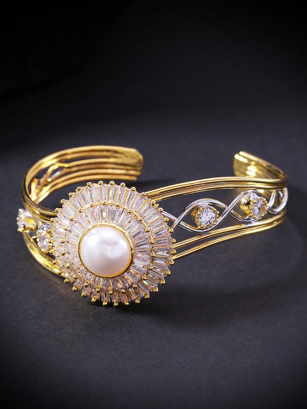 Gold-Plated American Diamond and Pearls Studded Cuff Bracelet in Floral Pattern | WOMENSFASHIONFUN