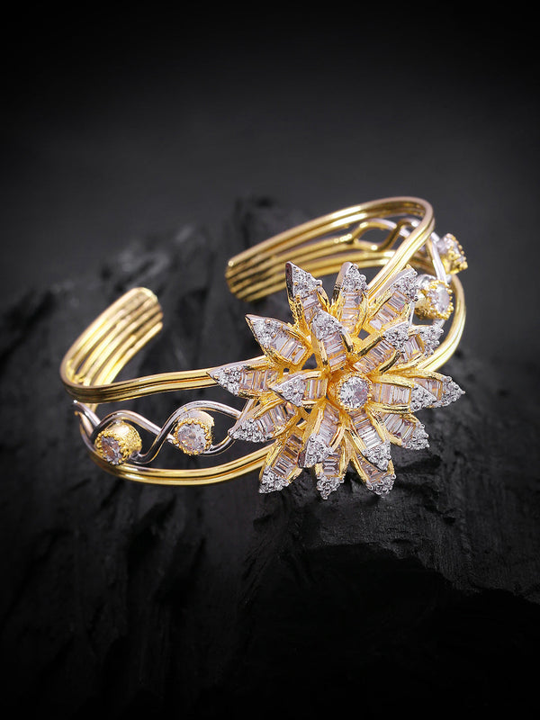 Gold-Plated American Diamond Studded Cuff Bracelet in Floral Pattern | WOMENSFASHIONFUN