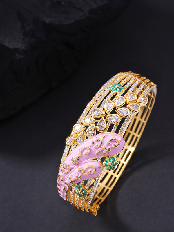 Gold-Plated American Diamond Studded, Meenakari Kada Bracelet in Pink and Green Color | WOMENSFASHIONFUN