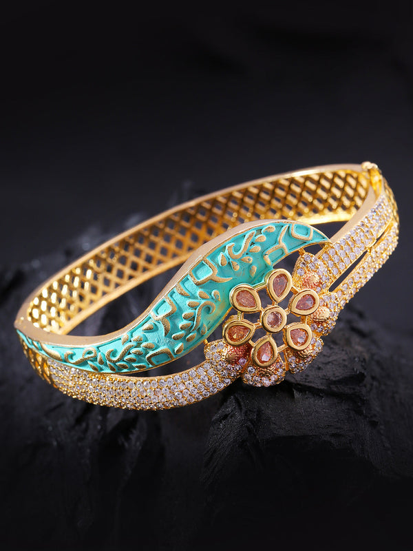 Gold-Plated American Diamond Studded, Meenakari Kada Bracelet in Green Color | WOMENSFASHIONFUN
