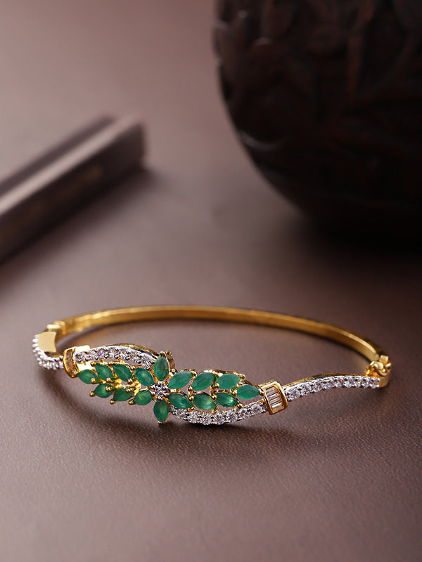 Gold-Plated American Diamond and Emerald Studded, Floral Patterned Bracelet in Green Color | WOMENSFASHIONFUN