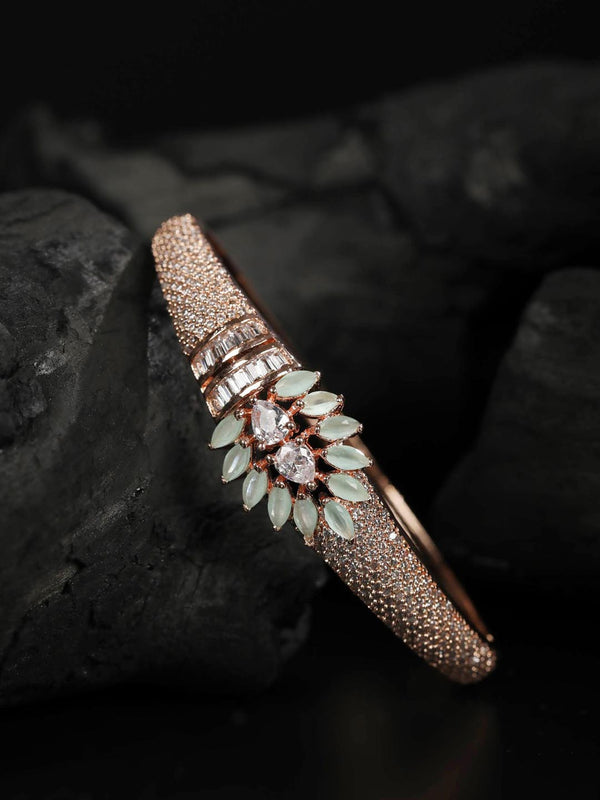 Mint Green Rose Gold Plated American Diamond Leaf shaped Bracelet | WOMENSFASHIONFUN
