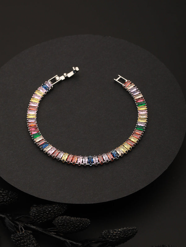Multicolor Baguette Stone Studded Silver-Plated Bracelet | WOMENSFASHIONFUN