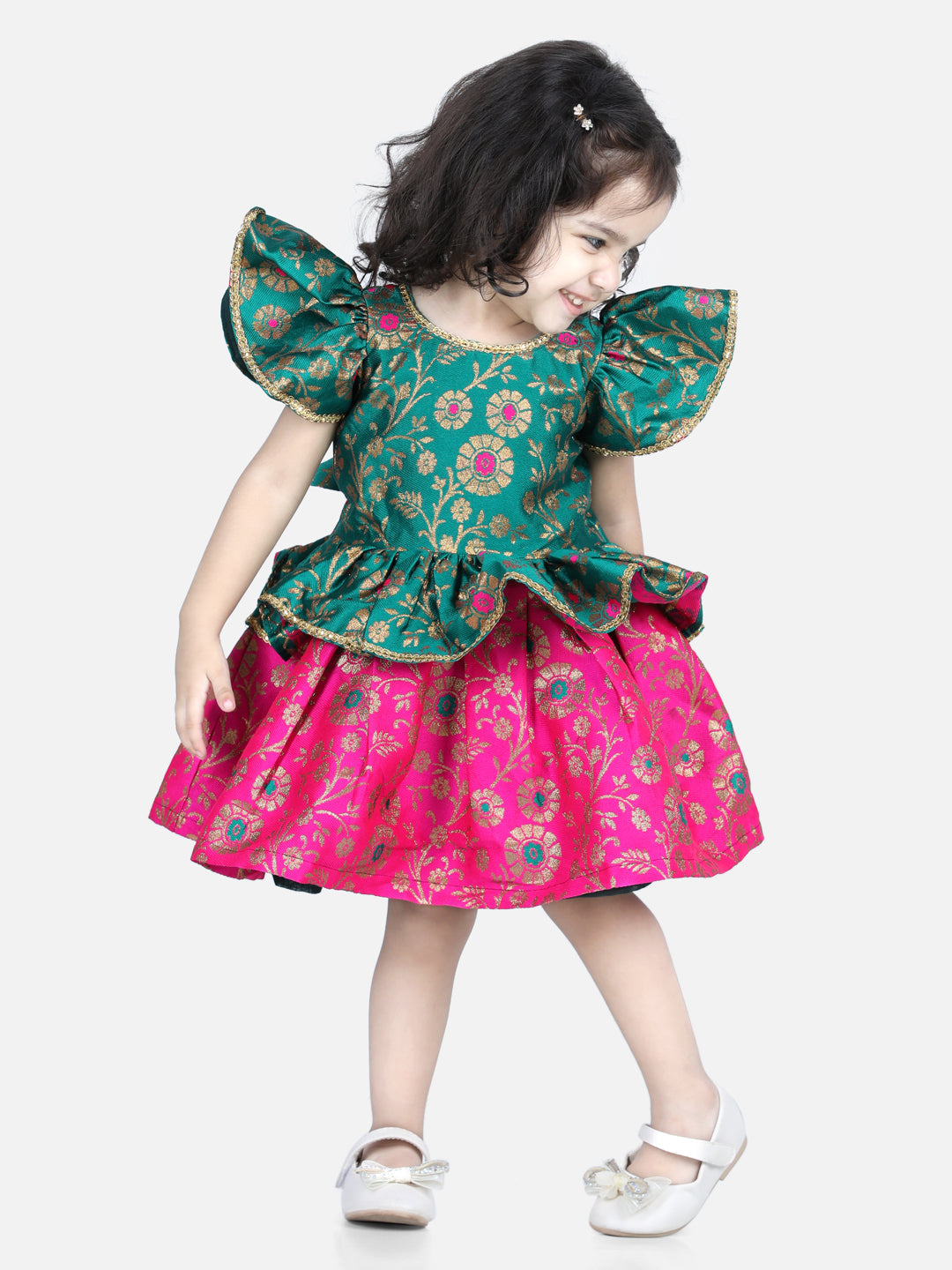 Jacquard Ruffle Sleeve Frock Party Dress for Girls-Greenwomensfashionfun