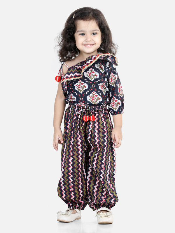 Girls Printed One Sleeve Ruffle Pure Cotton Top with Harem pant Co Ords Indo Western Clothing Sets- Black | WOMENSFASHIONFUN.