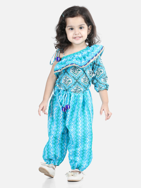 Girls Printed One Sleeve Ruffle Pure Cotton Top with Harem pant Co Ords Indo Western Clothing Sets - Blue | WOMENSFASHIONFUN.