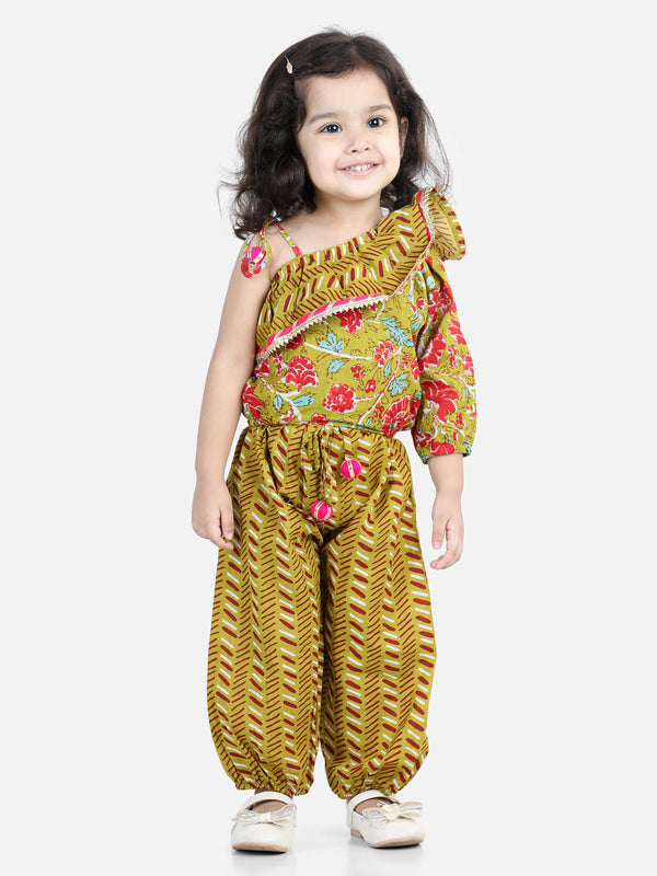 Girls Printed One Sleeve Ruffle Pure Cotton Top with Harem pant Co Ords Indo Western Clothing Sets - Green | WOMENSFASHIONFUN.
