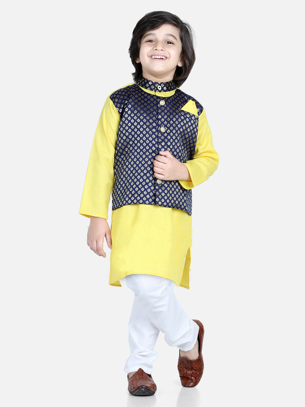 Attached Jacquard Jacket Kurta Pajama for Boys- Yellow | WOMENSFASHIONFUN.
