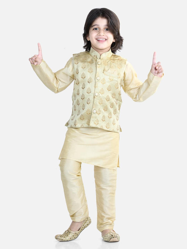 3 Piece Jacquard Jacket Silk Kurta Pajama for Boys-Beige | WomensFashionFun.com
