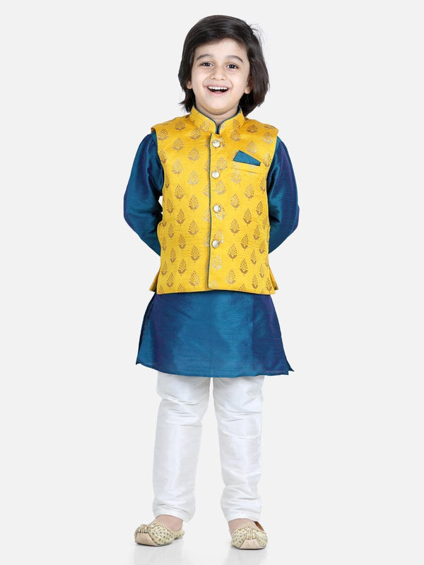3 Piece Jacquard Jacket Silk Kurta Pajama for Boys-Yellow | WomensFashionFun.com