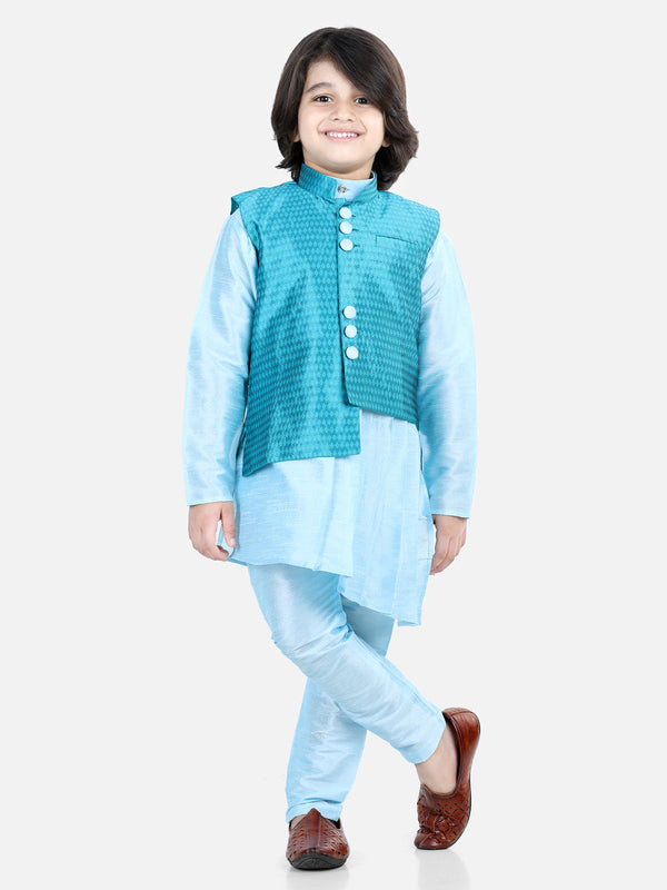 Boys Ethnic Festive Wear Assymetric Kurta Pajama with Jacquard Jacket- Blue | WOMENSFASHIONFUN.
