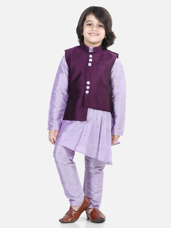 Boys Ethnic Festive Wear Assymetric Kurta Pajama with Jacquard Jacket-Purple | WOMENSFASHIONFUN.