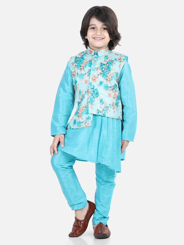 Boys Ethnic Festive Wear Assymetric Kurta Pajama with Floral Printed Jacket-Blue | WOMENSFASHIONFUN.