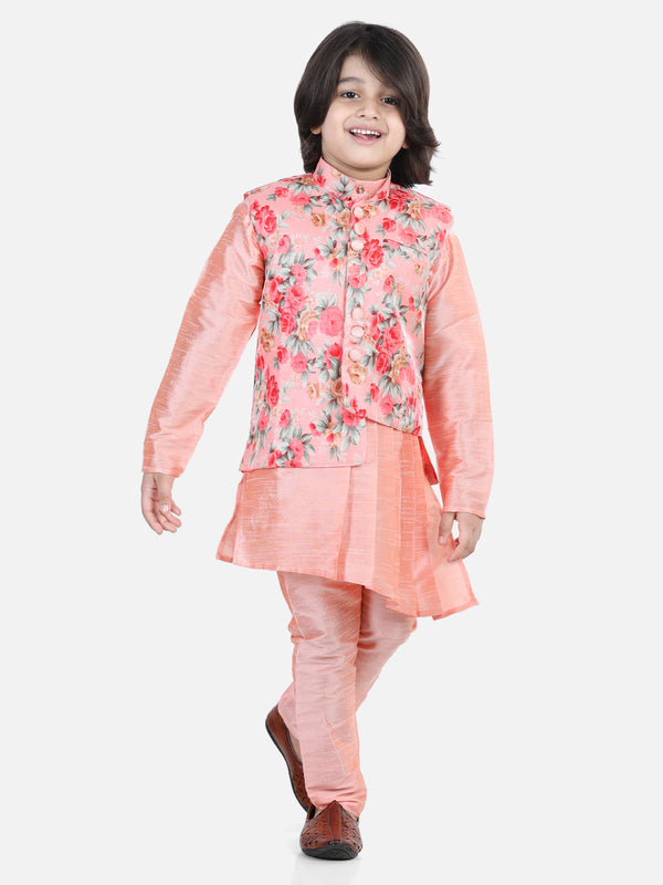 Boys Ethnic Festive Wear Assymetric Kurta Pajama with Floral Printed Jacket-Peach | WOMENSFASHIONFUN.