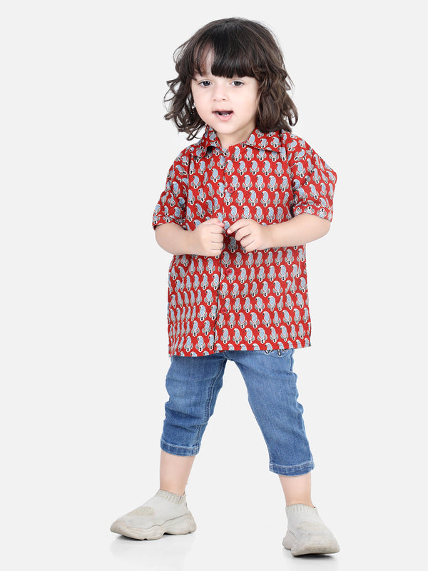 100% Pure Cotton Jaipuri Print Indo Western Shirt for Baby Boys- Red | WOMENSFASHIONFUN.
