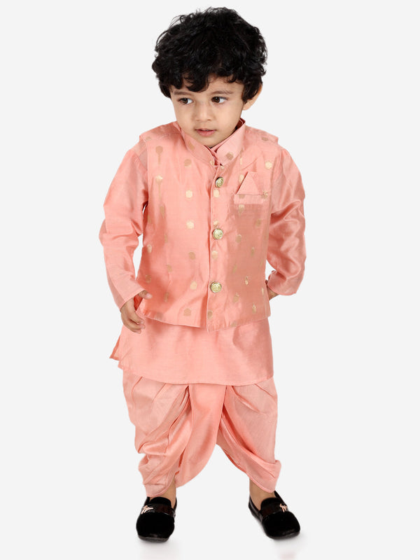Ethnic Wear Infant Dhoti kurta with Jacket Sibling Set for Baby Boys - Peach | WOMENSFASHIONFUN.