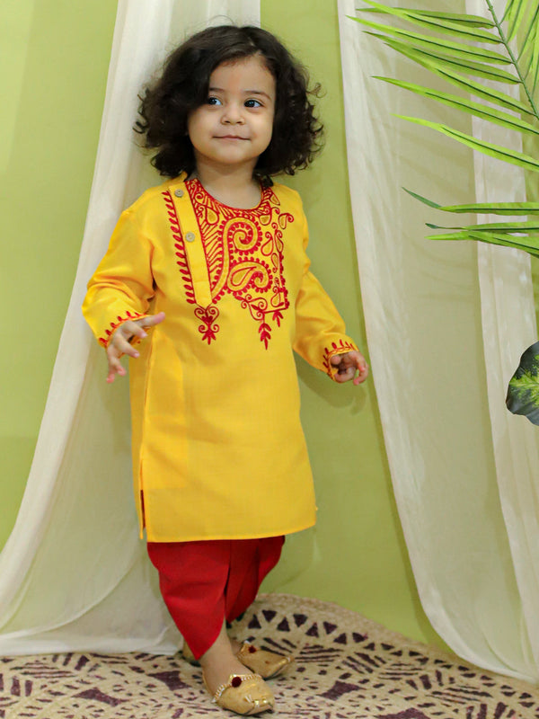 Embroidered Bangali Style Kurta with Dhoti for Boys- Yellow | WOMENSFASHIONFUN.