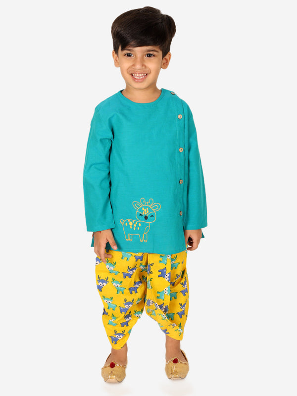 Embroidered Pure Cotton Kurta with Printed Dhoti for Boys- Green | WOMENSFASHIONFUN.