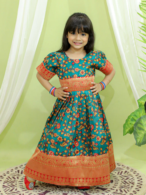 Ethnic Festive Kalamkari Print Party Dress Gown for Girls- Green | WOMENSFASHIONFUN.