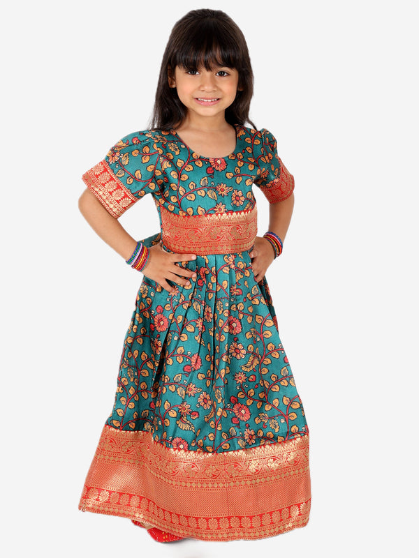 Kalamkari Print Party Dress Gown for Girls- Green | WOMENSFASHIONFUN.