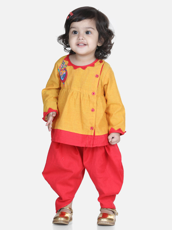 Girls Cotton Mor Embroidery Top Dhoti Indo Western Clothing Sets- Yellow | WOMENSFASHIONFUN.