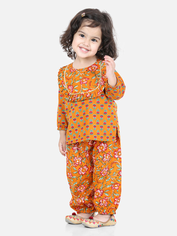 Girls Pure Cotton Printed Top Harem pant Indo Western Clothing Set - Orange | WOMENSFASHIONFUN.