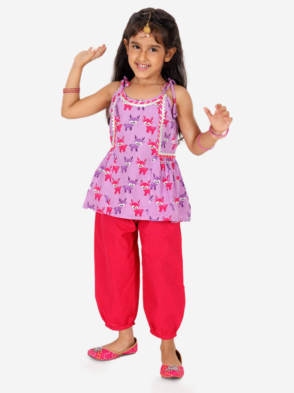 Printed Cotton Indo Westren Top with Harem Dhoti Suit Set for Girls- Purple | WOMENSFASHIONFUN.