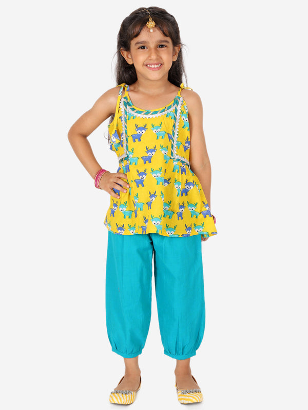 Printed Cotton Indo Westren Top with Harem Dhoti Suit Set for Girls- Yellow | WOMENSFASHIONFUN.