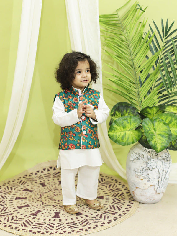 Kalamkari Print Jacket with Kurta Pajama for Boys- Green | WOMENSFASHIONFUN.
